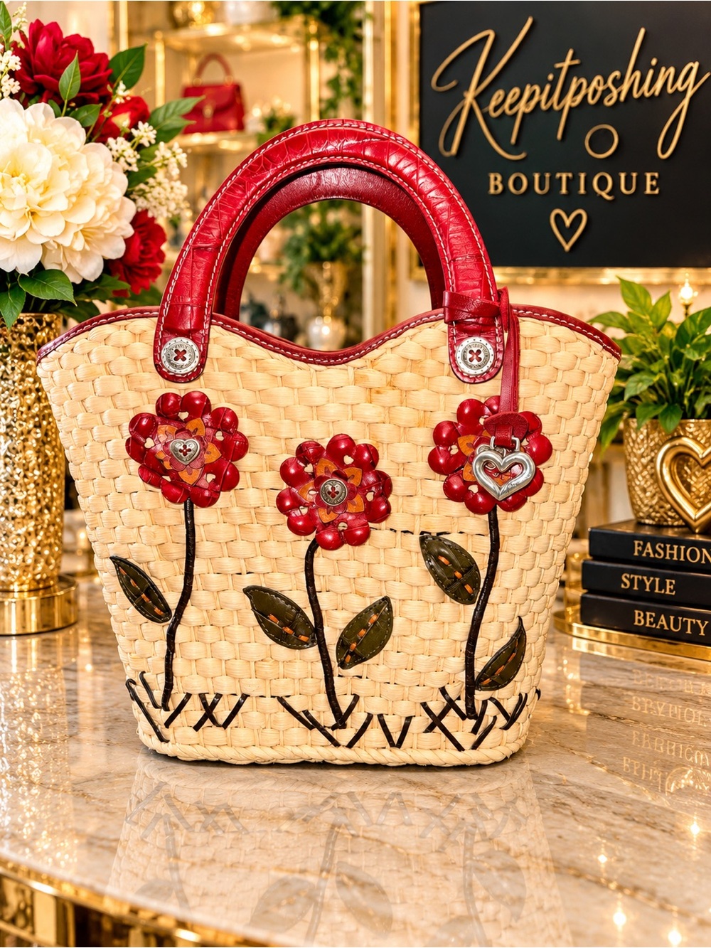 Brighton Red-Trim Woven Tote with Red Floral Appliqués